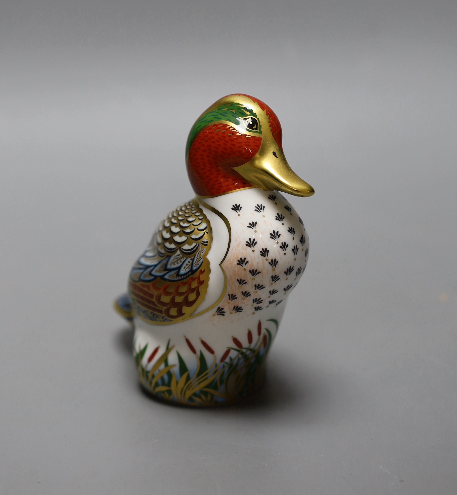 A Royal Crown Derby paperweight - Green Winged Teal, gold stopper, boxed, no certificate